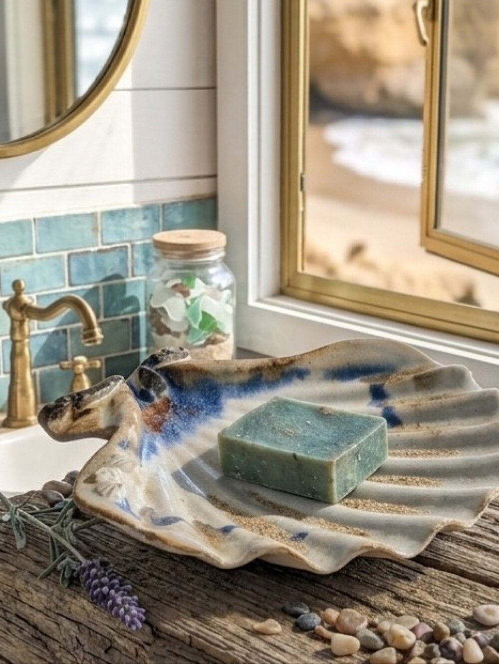 Vintage Signed Studio Pottery Shell Trinket Soap Dish Handmade Scallop Barnacles